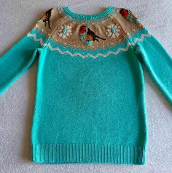Talbots Teal Lambswool Knit Fair Isle Snow Bird Sweater, Size P - Picture 5 of 16